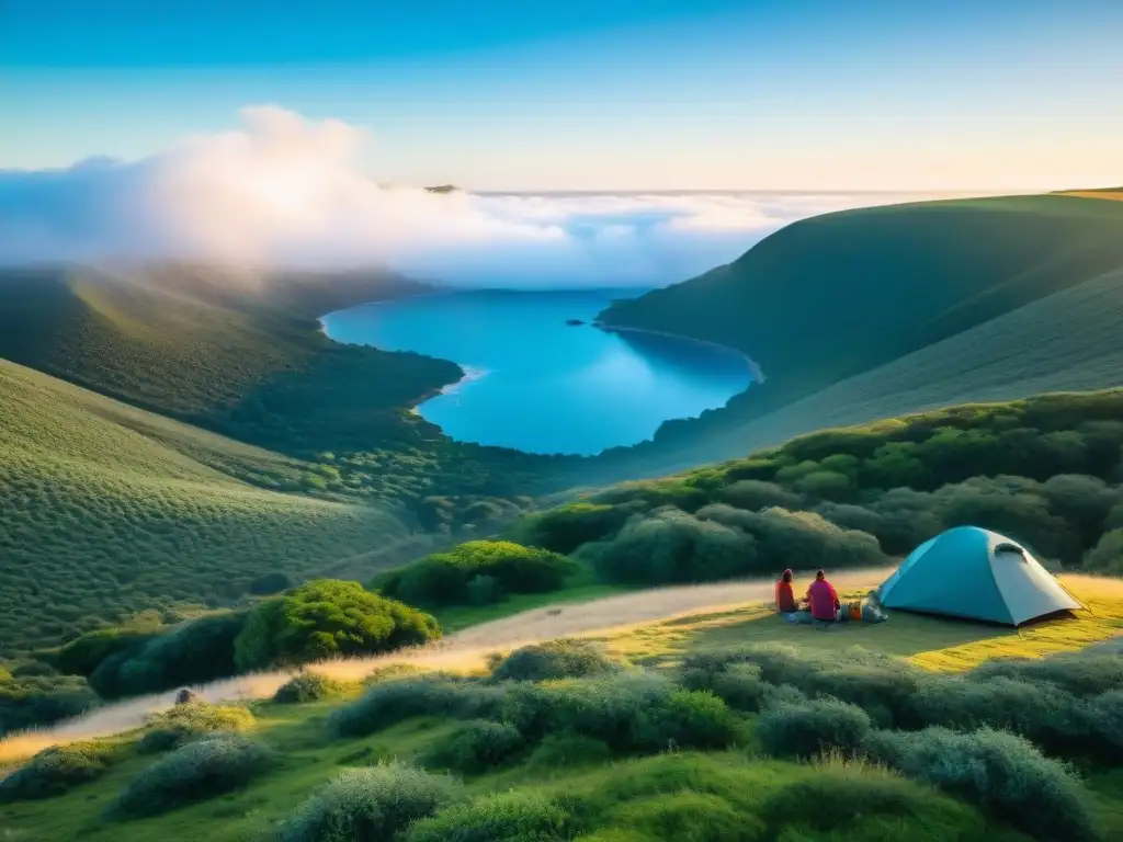Campamento en Uruguay: Naturaleza, Amistad y Aventura Un campamento tranquilo en Uruguay: una tienda resistente bajo un cielo azul, rodeada de naturaleza exuberante y amigos felices