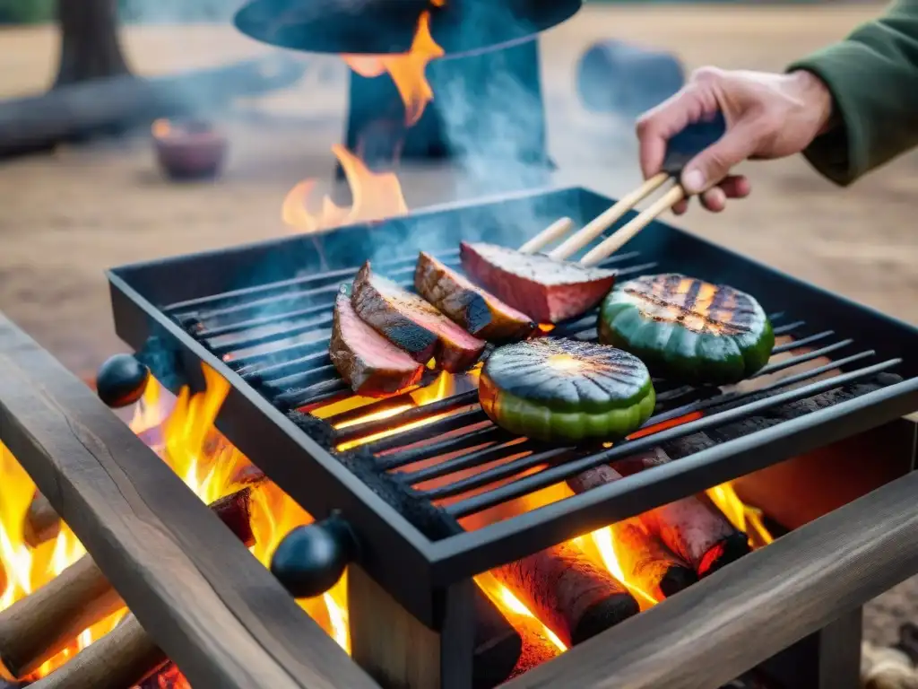 Parrilla uruguaya: arte culinario y tradición gaucha Un campamento uruguayo con parrilla sizzling y chef gaucho