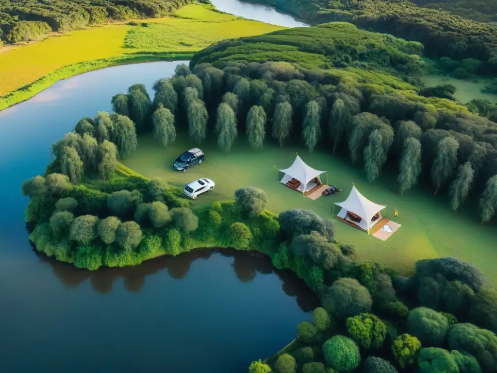 Campamento verde en Uruguay: drones y naturaleza Campamento verde en Uruguay con normativas drones; campistas arman tiendas junto al río