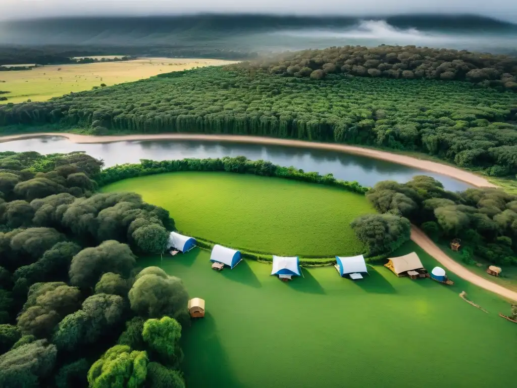 Camping en Uruguay: naturaleza exuberante y tranquilidad Campamento verde en Uruguay, río serpenteante y tiendas bajo árboles altos