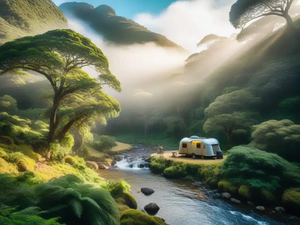 Campamento en Uruguay: purificación de agua en la naturaleza Un camper purifica agua en campamento en Uruguay con filtros de agua de alta tecnología