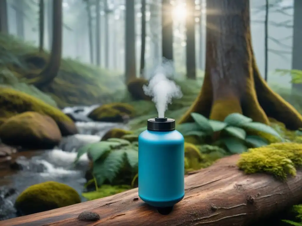 Purificación de agua en bosque: sistema portátil en acción Un camper purifica agua en camping, convirtiendo un arroyo turbio en agua cristalina
