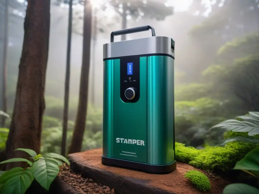 Camper disfruta purificador solar en bosque exuberante de Uruguay Un camper disfruta de un purificador de agua solar de alta tecnología en un bosque de Uruguay