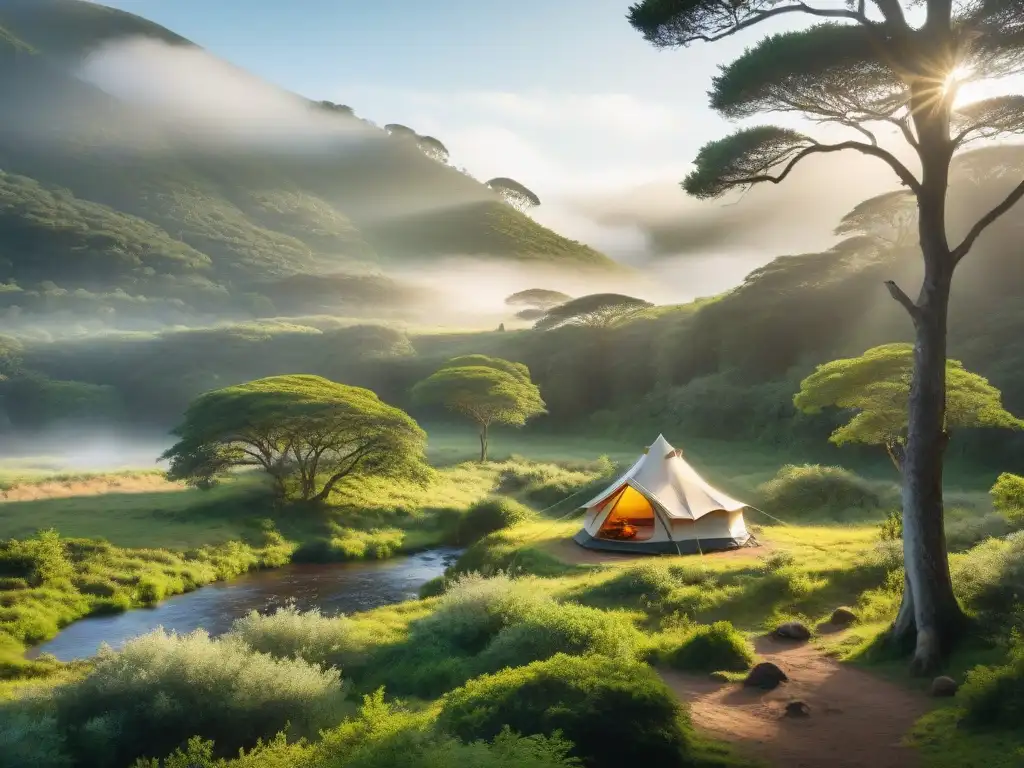 Campamento sereno en bosque de conservación en Uruguay Camping en áreas de conservación en Uruguay: Un campamento tranquilo en un bosque exuberante, con una tienda acogedora y una fogata crepitante