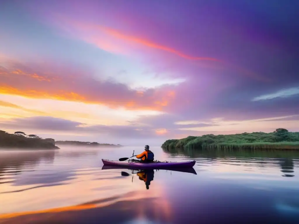 Puesta de sol dorada en el río: kayak en Uruguay Kayak en camping Uruguay: Atardecer dorado en el río, kayakista surca agua calmada al caer la noche