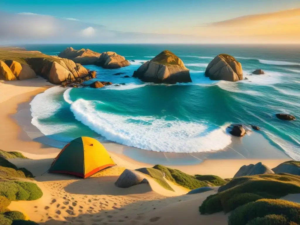 Aventura al atardecer en Cabo Polonio: campamento junto al mar Camping en Cabo Polonio Uruguay: Atardecer pintoresco con campistas disfrutando en la playa