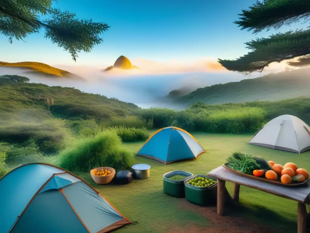 Escena campestre en Uruguay: campistas deshidratando alimentos Camping en Uruguay: campistas usan deshidratadores de alimentos para preparar productos locales en la naturaleza