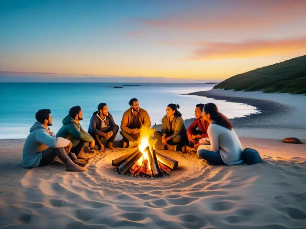 Campamento en la playa de Uruguay: camaradería alrededor del fuego Camping en Uruguay: Grupo diverso de campistas alrededor de fogata en la playa al atardecer, compartiendo historias y camaradería