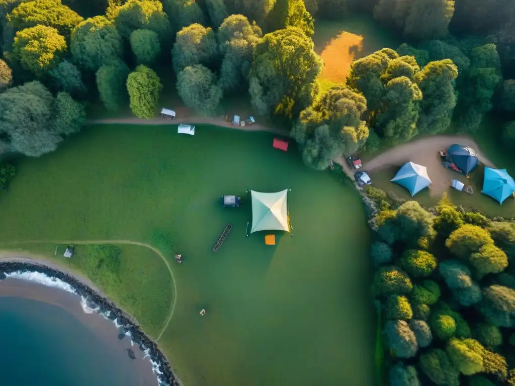 Camping en Uruguay: Naturaleza, actividades y atardecer Explora el camping en Uruguay con drones para descubrir la belleza natural y la tranquilidad del paisaje al atardecer