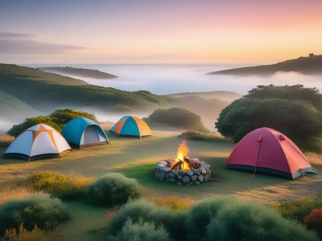 Campamento económico en Uruguay: atardecer entre amigos Camping económico en Uruguay: Campamento al atardecer con tiendas de colores, fogata y viajeros cocinando juntos