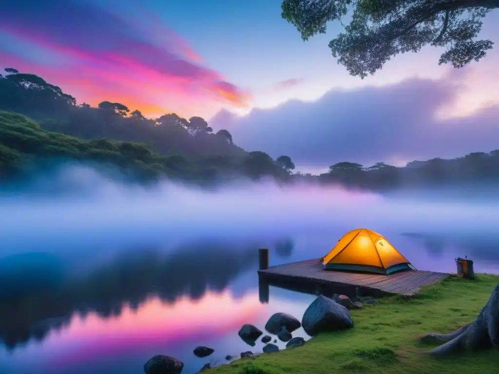 Amanecer colorido en campamento en Uruguay Explorar camping económico en Uruguay: Amanecer colorido sobre campamento en armonía con la naturaleza