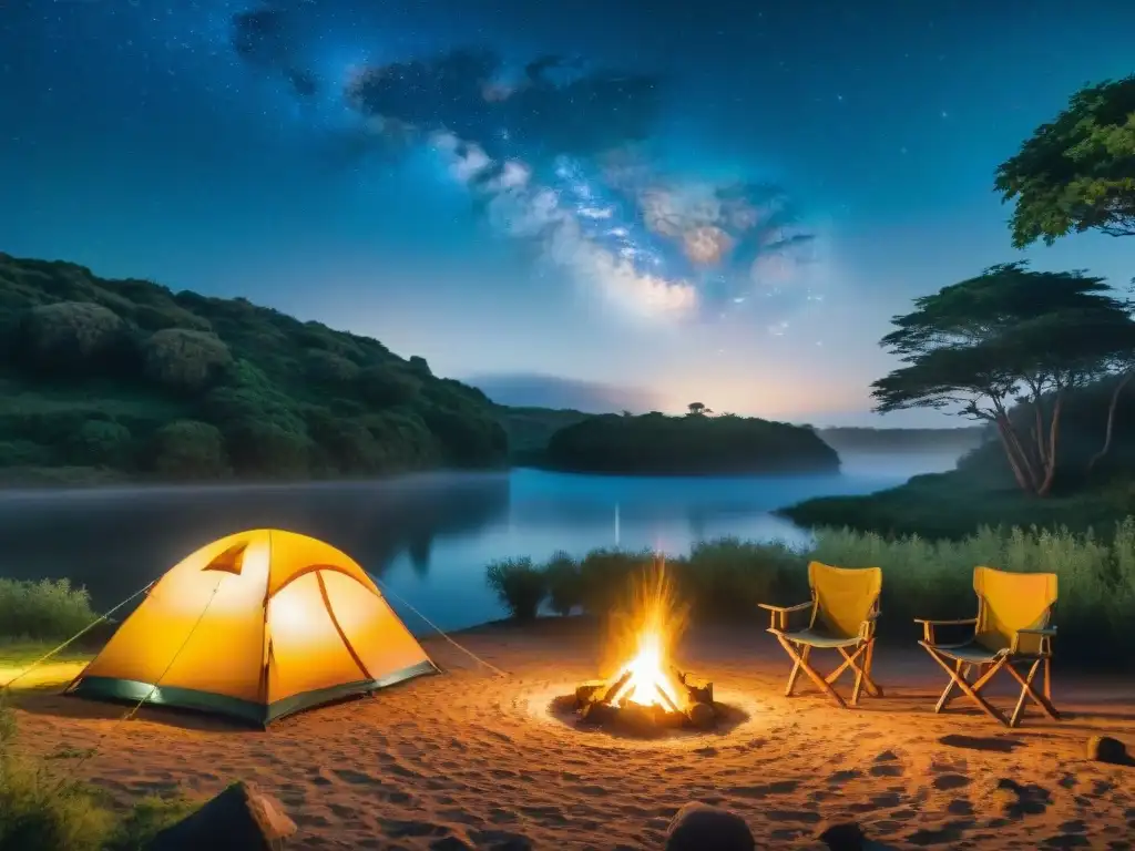 Campamento estrellado junto al río en Uruguay Camping en Uruguay: noche estrellada, fogata y campistas felices junto al río