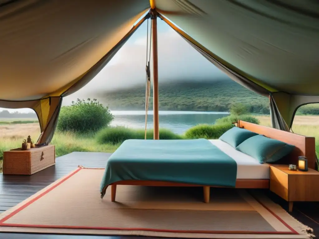 Camping de lujo en Uruguay: tienda elegante junto al lago Camping exclusivo en Uruguay: lujoso campamento en la naturaleza con tienda elegante y equipamiento premium