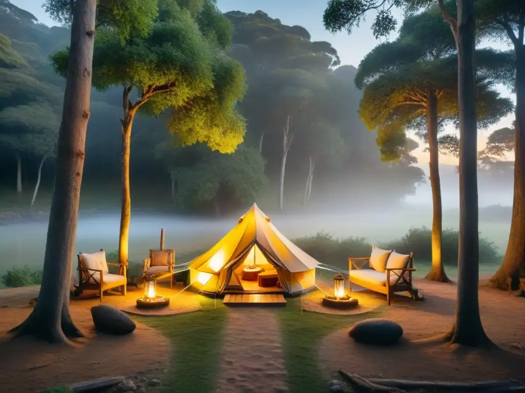 Campamento de lujo en la naturaleza uruguaya Camping exclusivo en Uruguay: oasis secreto con tienda safari lujosa en bosque, arroyo y atardecer cálido