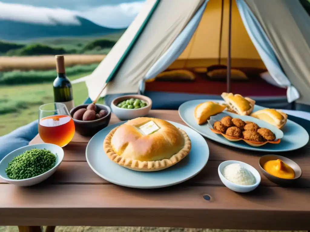Exquisita mesa de glamping en Uruguay: asado, empanadas y vinos Disfruta de la gastronomía camping en Uruguay con este exquisito banquete en un entorno de glamping