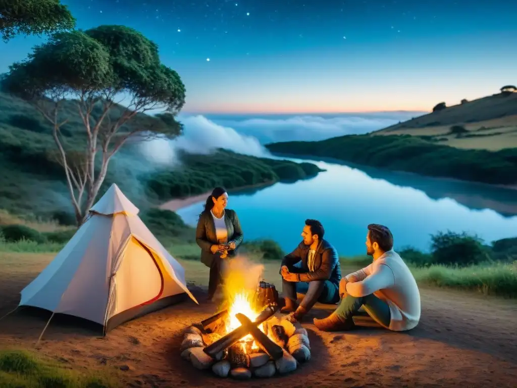 Familia uruguaya en fogata: tradición y naturaleza Camping familiar en Uruguay: familia tradicional uruguaya reunida alrededor de fogata, niños asando malvaviscos bajo cielo estrellado