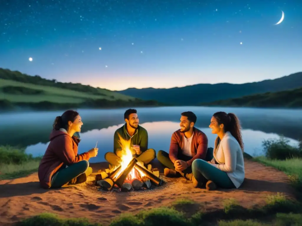 Noche de camadería y aventura en Uruguay Camping grupal en Uruguay: amigos disfrutan de la fogata bajo las estrellas, compartiendo historias y marshmallows