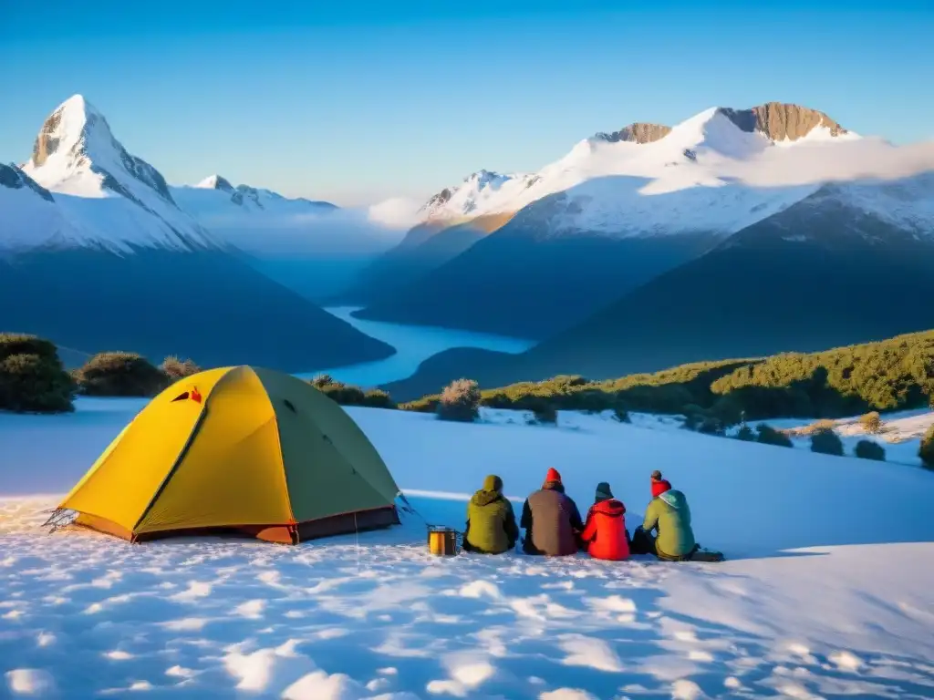 Campamento invernal en las montañas: aventura y camaradería en Uruguay Camping invernal en Uruguay: Grupo de aventureros montando una tienda colorida en la nieve, bajo un cielo azul sereno