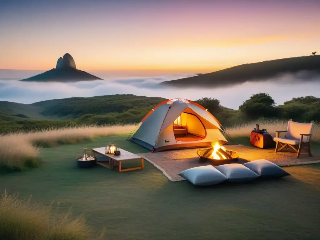 Glamping de lujo en Uruguay: cama king size, hoguera y atardecer Un camping de lujo en Uruguay con todas las comodidades, incluyendo una cama king size, ropa de cama lujosa y una vista panorámica al paisaje uruguayo