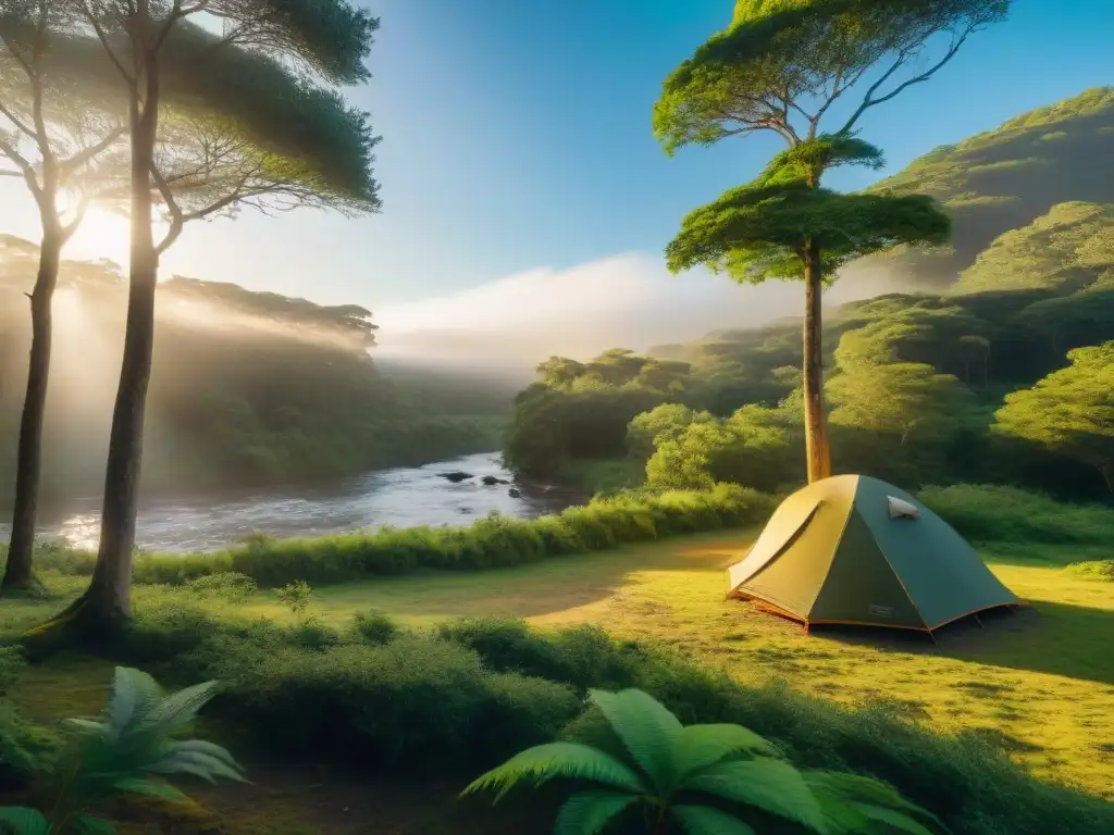 Refugio natural: Acampando en bosque uruguayo Camping mágico en áreas de conservación en Uruguay: tienda bajo árboles altos, fogata y arroyo sereno