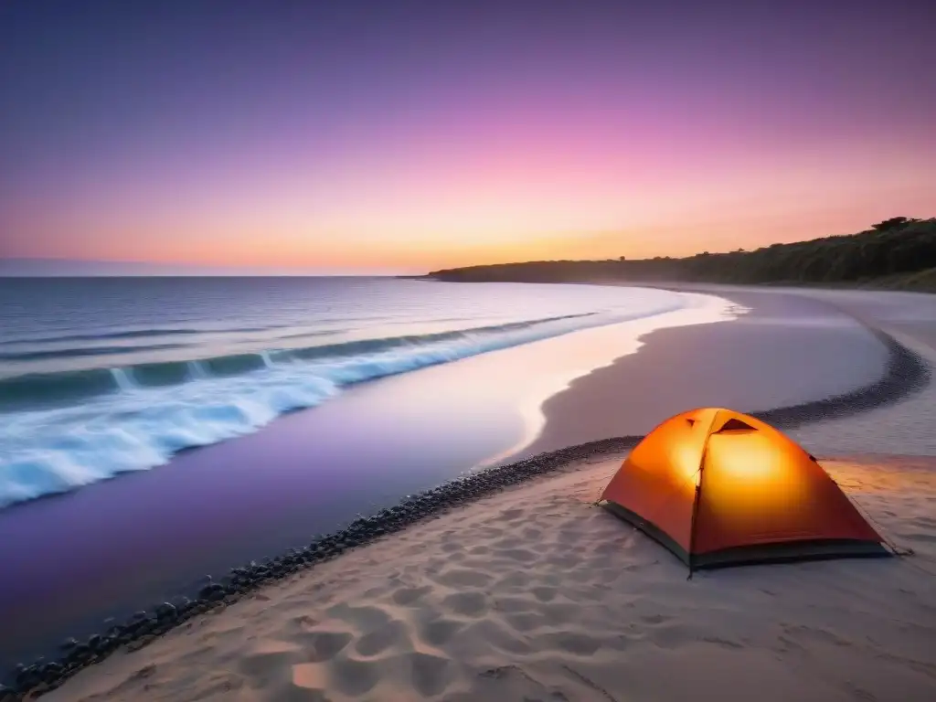 Atardecer dorado en la playa: camping y aventura en Uruguay Camping en las mejores playas para acampar Uruguay: atardecer dorado sobre costa serena con tiendas de colores y fogatas