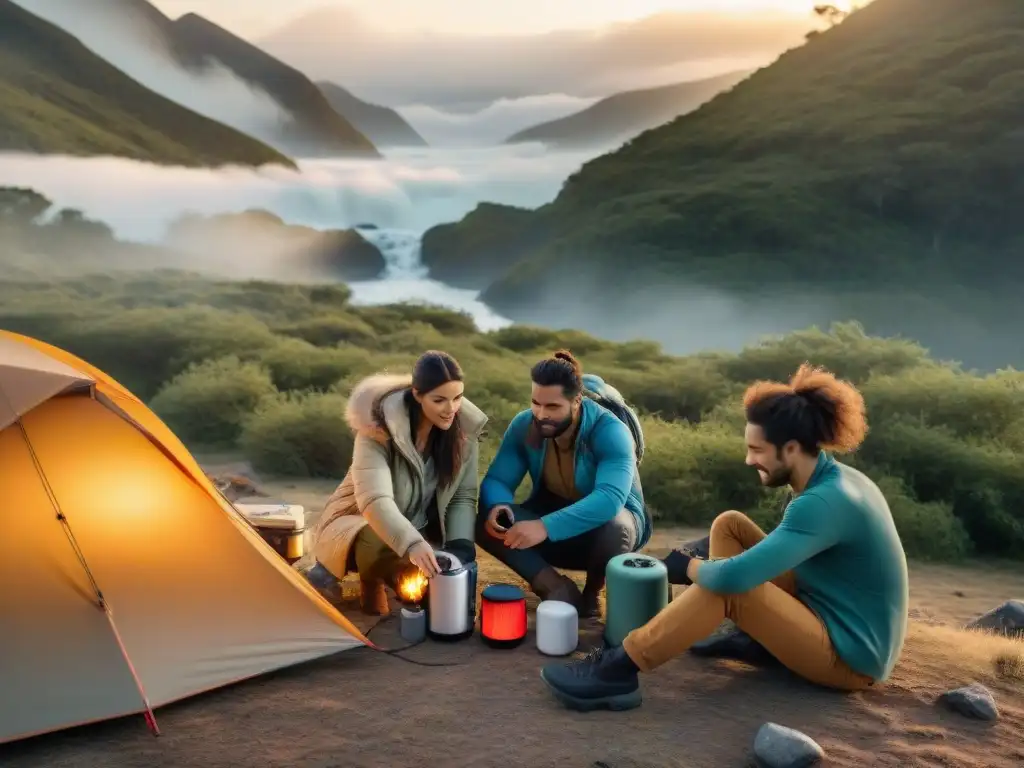 Aventura en la naturaleza de Uruguay: campamento al atardecer Camping en la naturaleza de Uruguay al atardecer con dispositivos GPS y radios