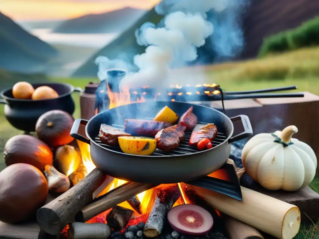 Delicioso asado uruguayo al aire libre con mate y hoguera Gastronomía típica camping Uruguay: Fogata con parrilla, mate y guiso, creando una atmósfera acogedora y deliciosa