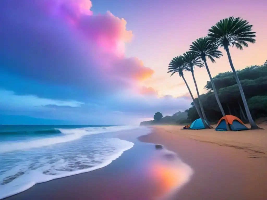 Playa dorada al atardecer en Rocha, Uruguay Camping en playas de Rocha: Atardecer colorido en una playa serena con campamento y personas disfrutando
