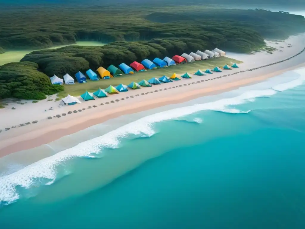 Camping en Rocha, Uruguay: paraíso costero Camping en playas de Rocha: Vista aérea de una playa virgen con carpas coloridas, arena dorada y aguas turquesas