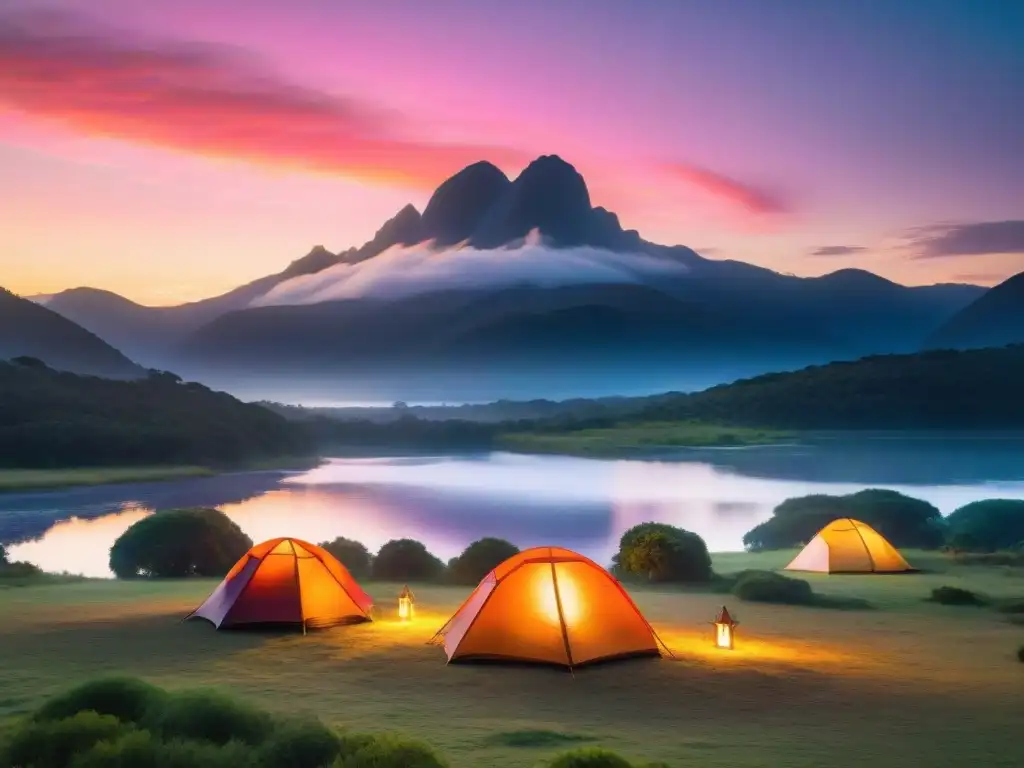 Espectacular atardecer en campamento tranquilo en Uruguay Camping en Uruguay para principiantes: Atardecer colorido y sereno reflejado en lago, campamento y montañas al fondo