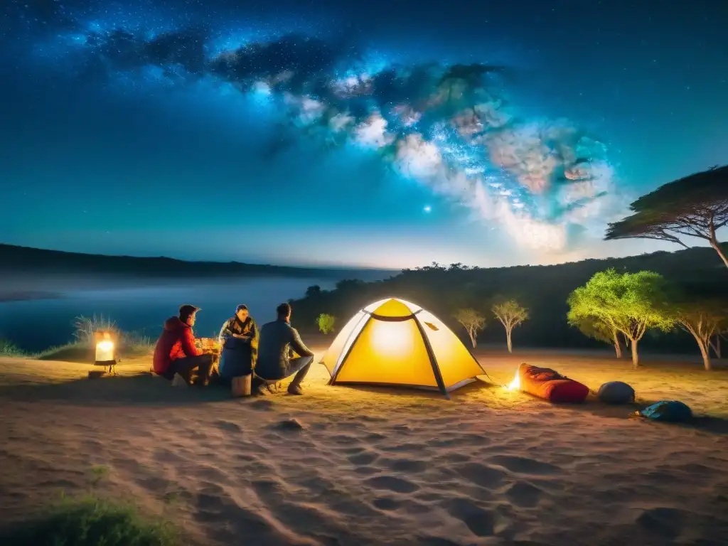 Noche mágica de acampada en Uruguay: primerizos bajo las estrellas Camping en Uruguay para principiantes: Noche estrellada con tiendas de colores, fogata y emocionados campistas bajo la Vía Láctea