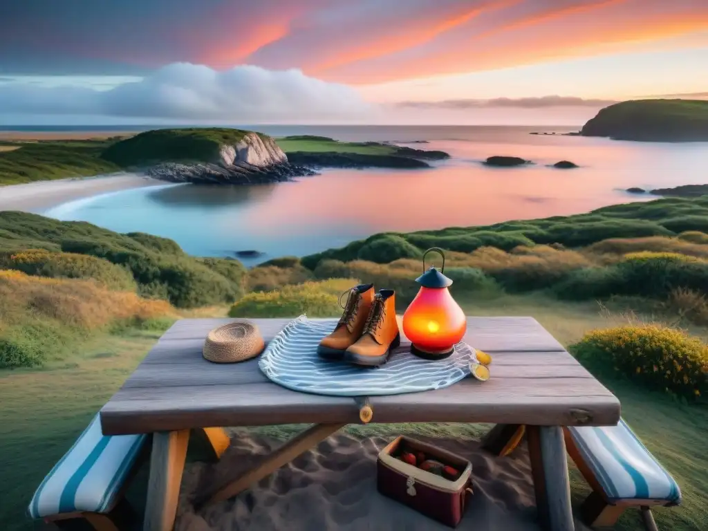 Camping privado en Uruguay: Atardecer sereno en la costa con mate, tienda de campaña y equipo de excursión