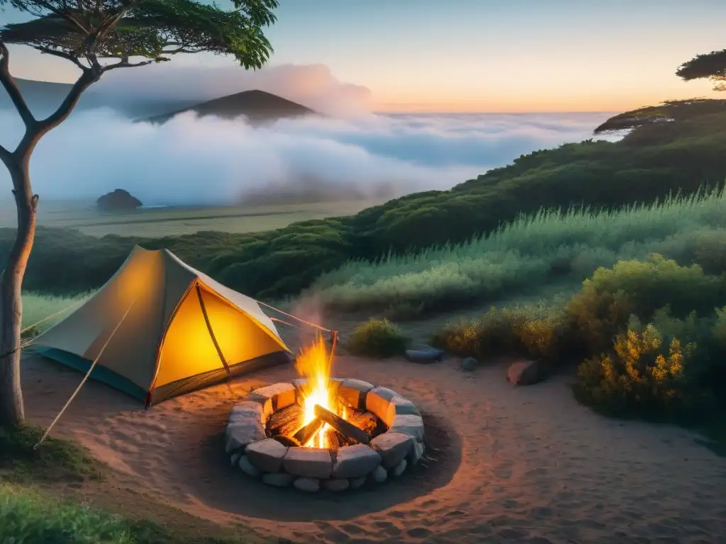 Un rincón de camping privado en Uruguay: una tienda acogedora entre vegetación frondosa, hamaca, fogata y pareja asando malvaviscos al atardecer