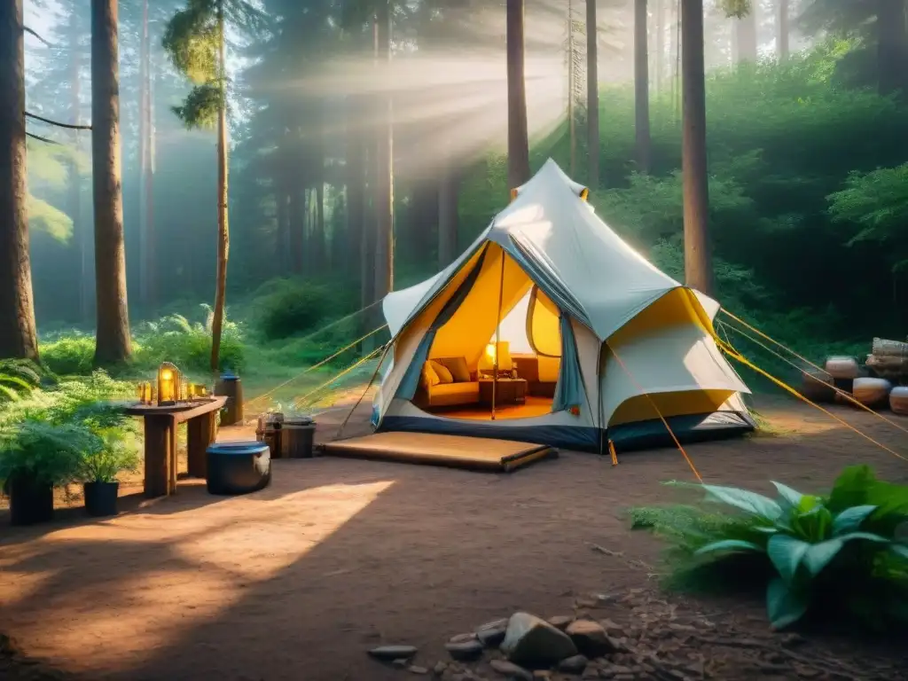 Campamento ecológico en bosque sereno Camping responsable: armonía en el bosque con tienda, paneles solares y equipamiento biodegradable