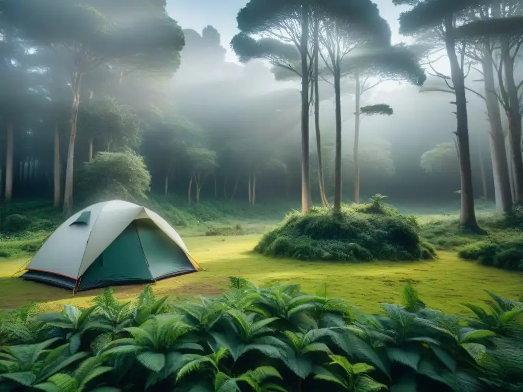 Camping ecológico en bosque de Uruguay: armonía con la naturaleza Camping responsable en Uruguay: Campamento ecológico en un bosque verde, armonía entre campistas y naturaleza