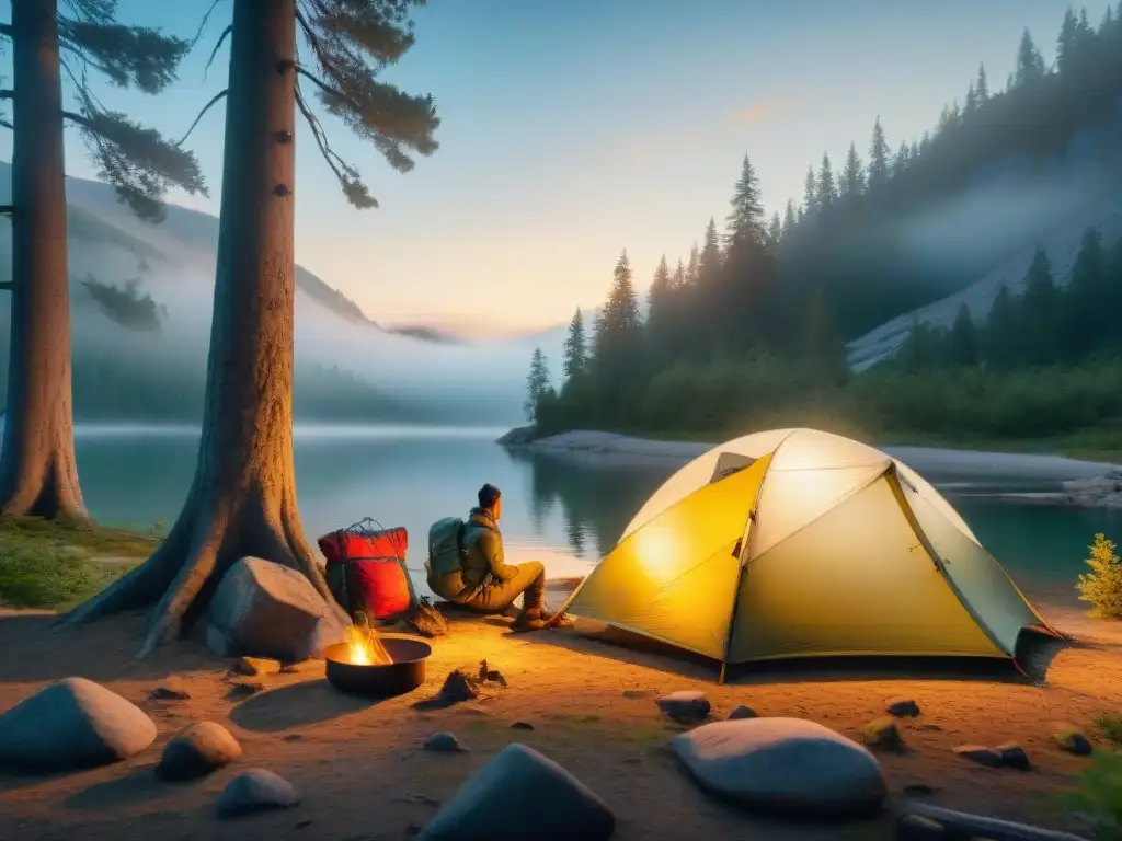 Camping responsable al amanecer: armonía y limpieza en la naturaleza Camping responsable: campamento al amanecer con luz dorada entre árboles, mostrando técnicas y herramientas de manera impecable