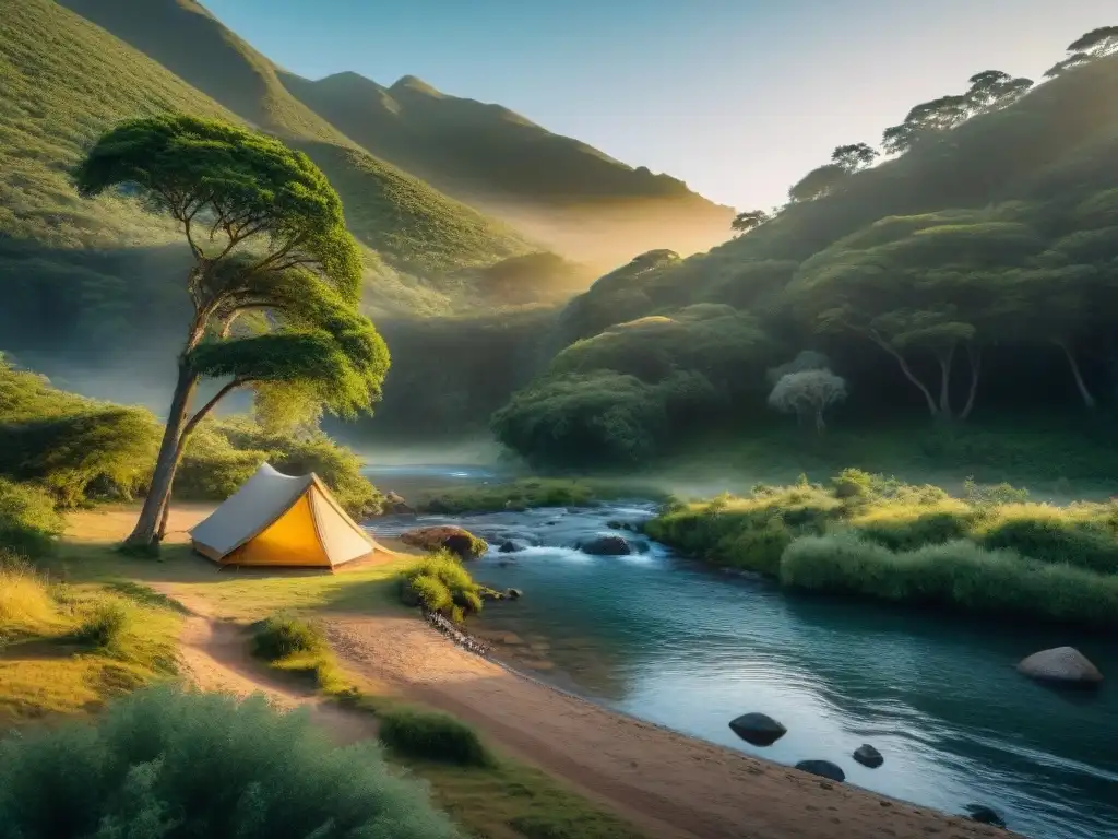 Campamento sereno en Uruguay: naturaleza y paz bajo el atardecer Camping responsable en Uruguay: campamento sereno entre vegetación exuberante y arroyo cristalino al atardecer