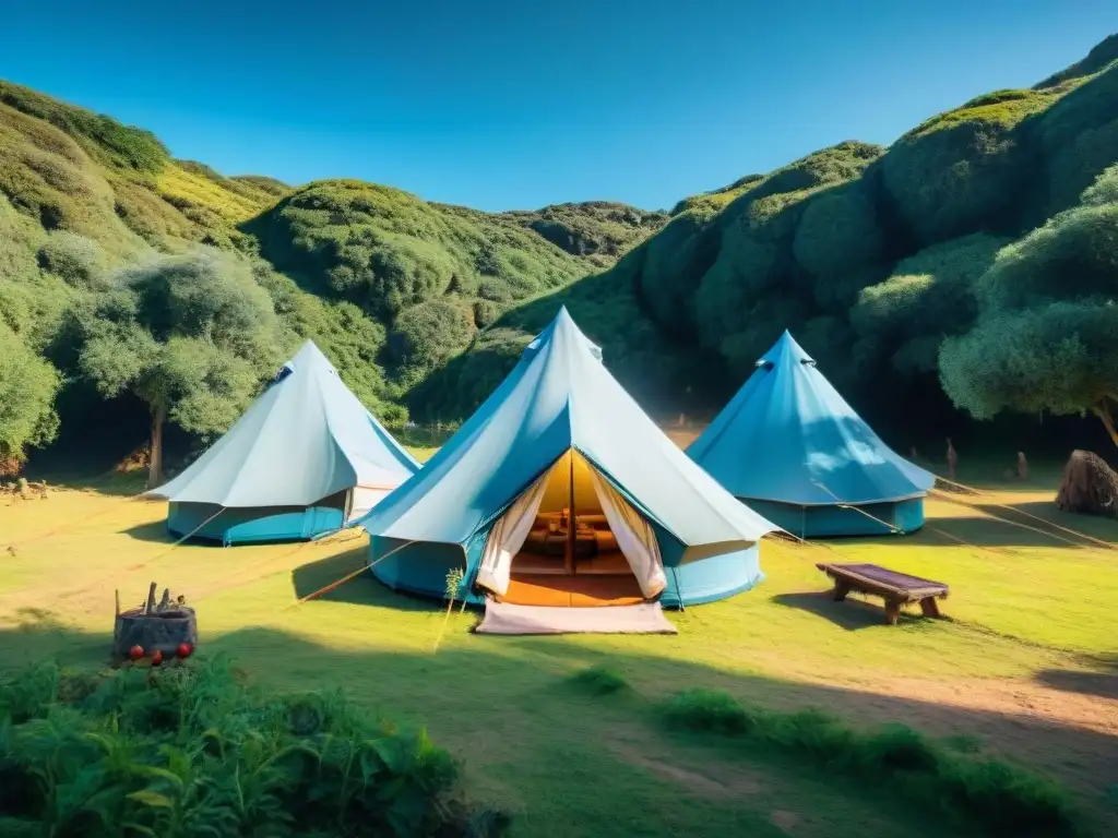 Camping sostenible en Uruguay: eco-tiendas, paneles solares y naturaleza Camping responsable en Uruguay: Un campamento sostenible con tiendas ecofriendly, paneles solares y naturaleza exuberante