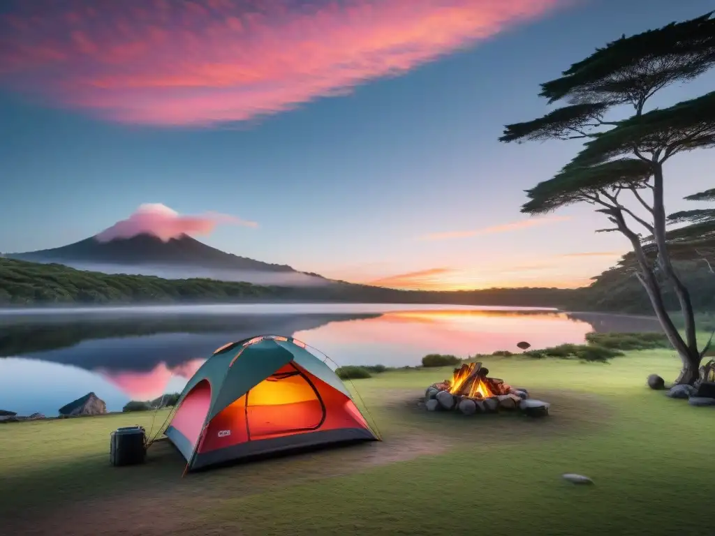 Campamento sereno junto al lago en Uruguay Camping responsable en Uruguay: Un campamento tranquilo al borde de un lago cristalino al atardecer