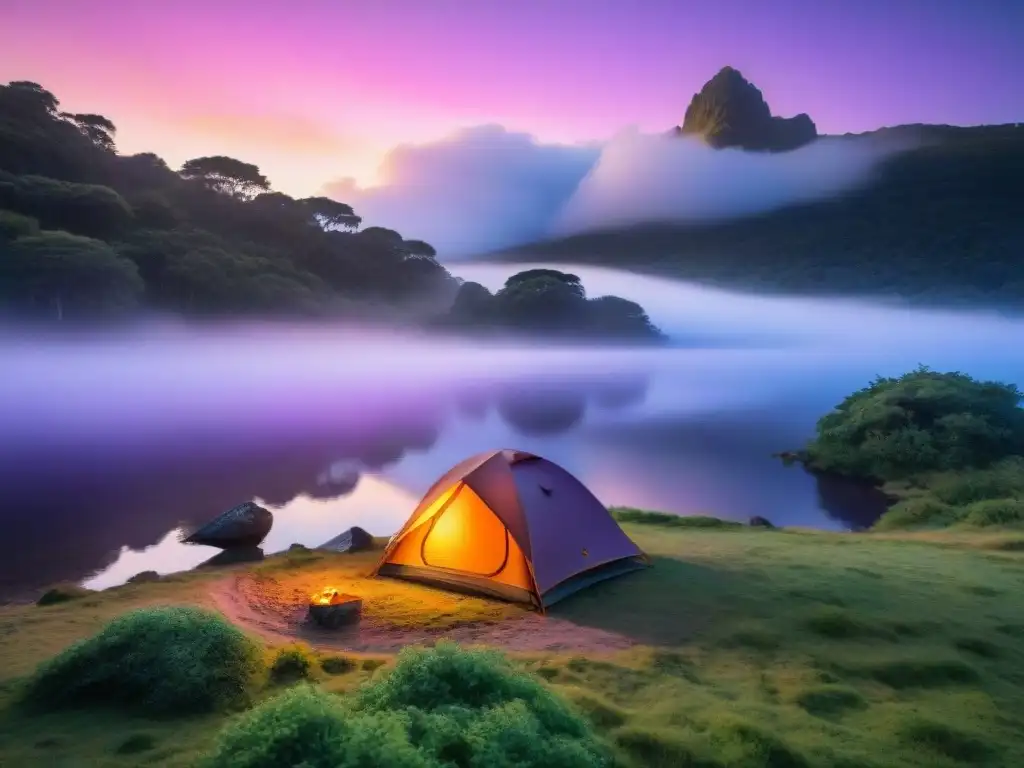 Campamento mágico al amanecer en Uruguay: luces y colores en la naturaleza Camping responsable en Uruguay: amanecer sereno en un campamento junto al lago, iluminando la tienda con tonos rosados, naranjas y morados en el cielo