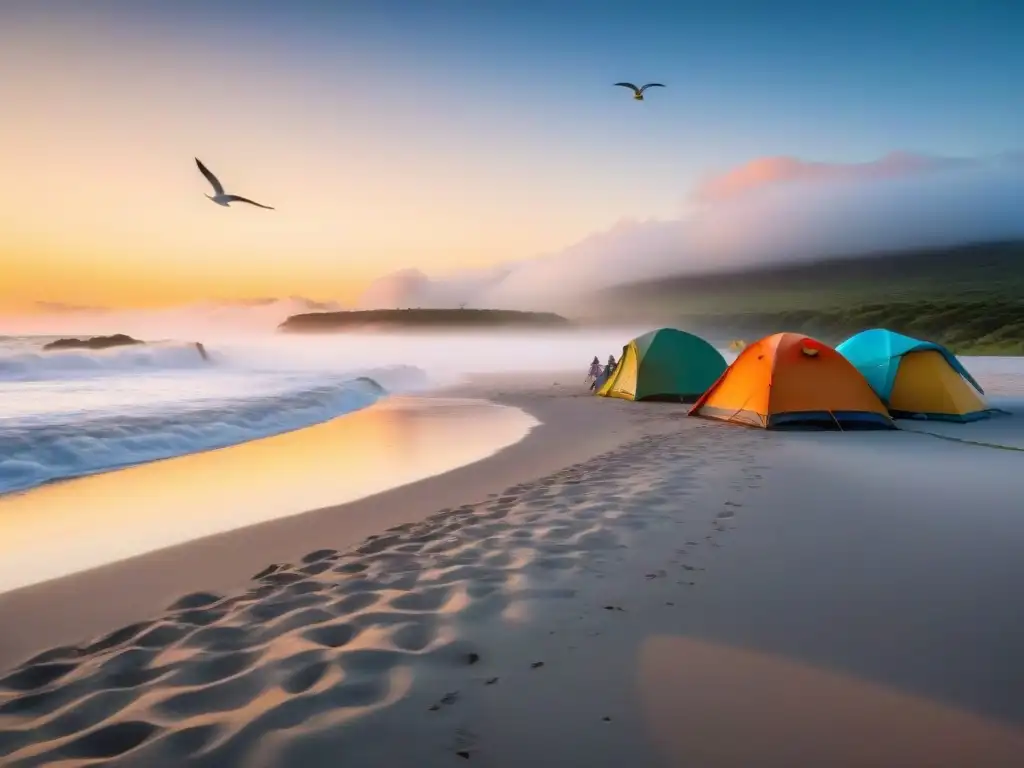 Amanecer sereno en la playa: parejas, tiendas y gaviotas en Uruguay Camping seguro en la playa al amanecer en Uruguay, consejos seguridad camping playa Uruguay