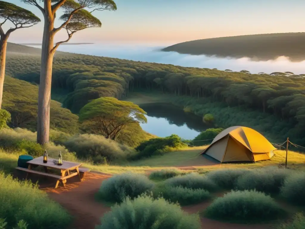 Campamento sostenible en bosque uruguayo al atardecer Camping sostenible en Uruguay: Acampar en armonía con la naturaleza en un bosque uruguayo al atardecer