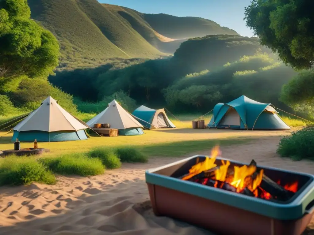 Sostenible camping en Uruguay: diversidad y naturaleza Camping sostenible en Uruguay: Campamento ecoamigable en medio de la naturaleza, con campistas disfrutando actividades y prácticas sostenibles