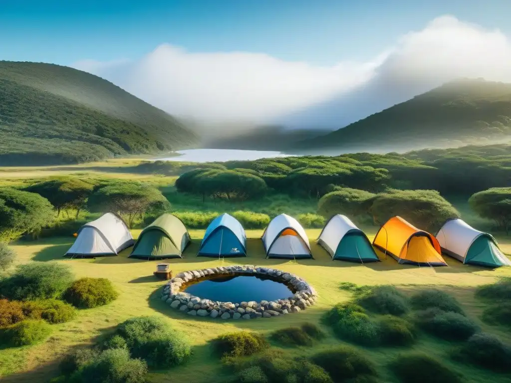 Campamento sostenible en Uruguay: naturaleza y turismo responsable Camping sostenible en Uruguay: Tienda ecológica entre la naturaleza exuberante, con paneles solares y prácticas ecoamigables
