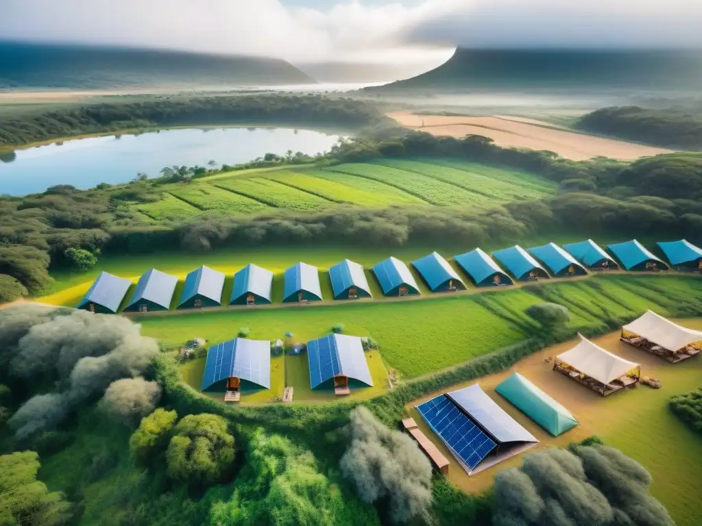 Campamento sostenible en Uruguay: armonía con la naturaleza Un camping sostenible en Uruguay, rodeado de naturaleza exuberante y actividades responsables