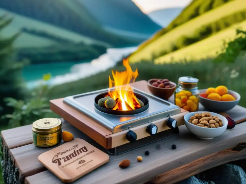 Estufa de camping y comida saludable en campamento al atardecer Un camping stove en una roca con alimentos esenciales para travesías, en un campamento uruguayo al atardecer