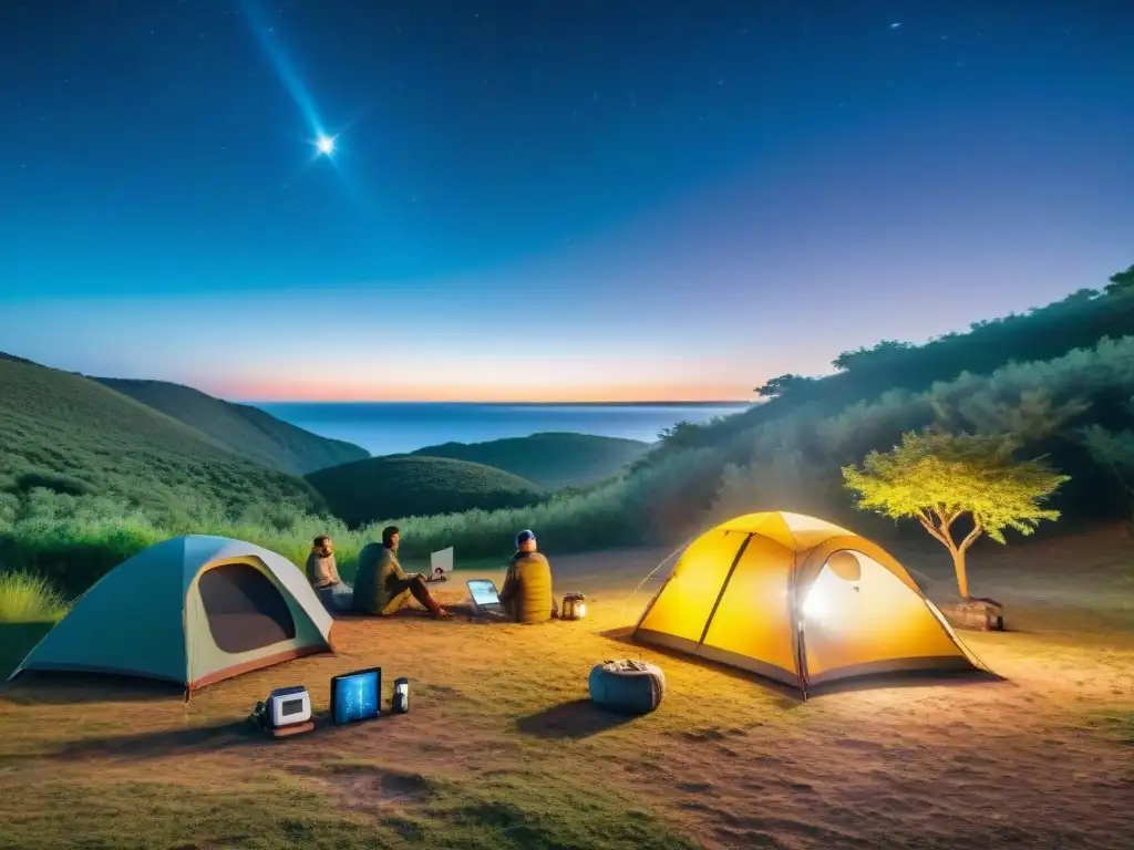Camping de alta tecnología en Uruguay: fusión de naturaleza y tecnología Camping tecnológico en Uruguay: Campamento moderno con tiendas solares, routers WiFi y linternas controladas por smartphone bajo un cielo estrellado