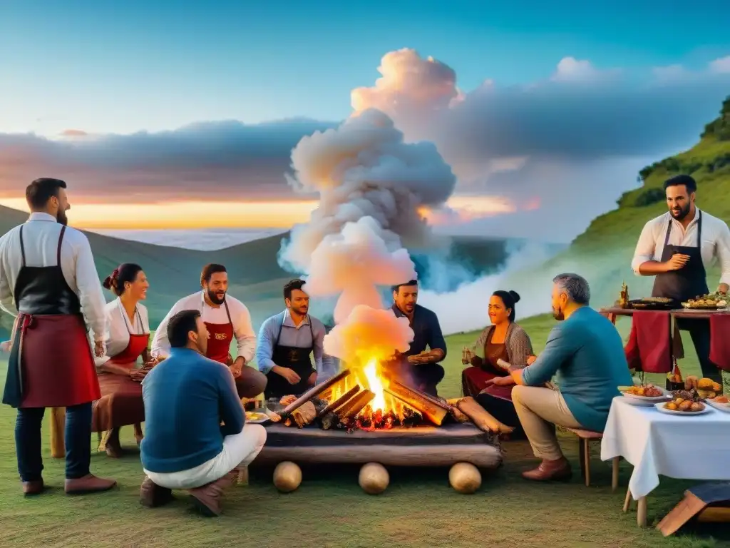 Atardecer de lujo: Asado uruguayo en campamento de chefs locales Campings exclusivos en Uruguay: Atardecer en un asado tradicional uruguayo en un lujoso camping, con chefs locales y huéspedes disfrutando