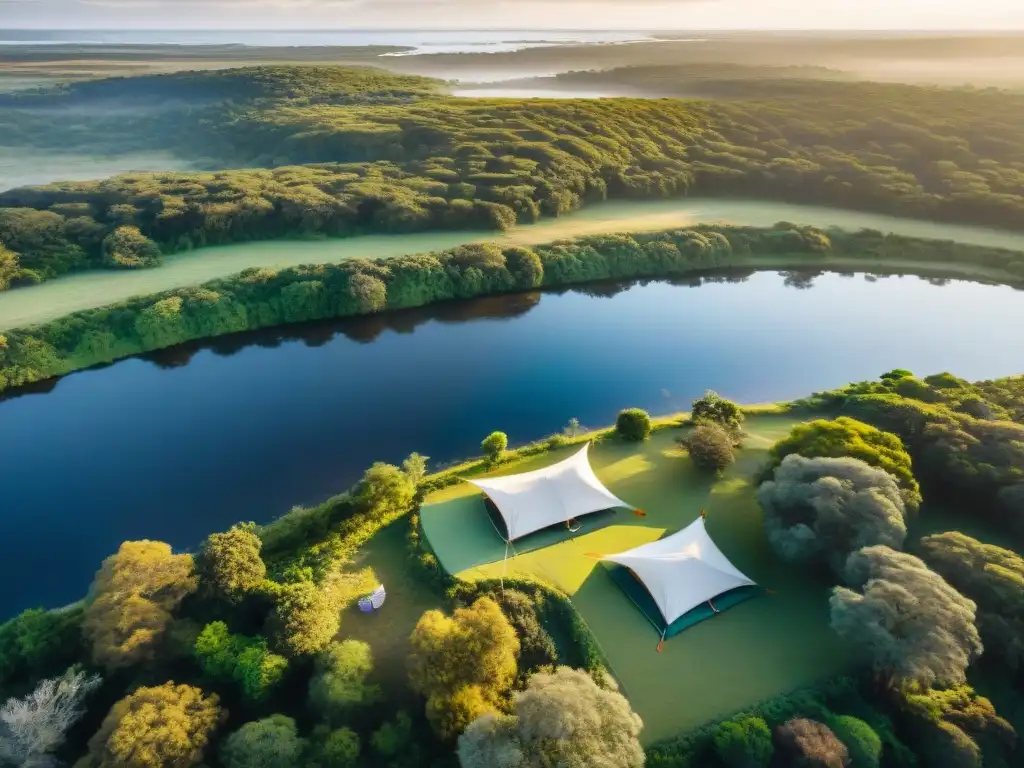 Campamento de lujo en Uruguay: vista aérea en la naturaleza Campings exclusivos en Uruguay: Exclusivas tiendas de lujo entre la exuberante naturaleza, con huéspedes disfrutando de actividades al aire libre al atardecer
