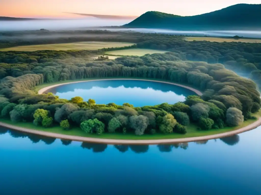 Glamping de lujo en Uruguay: tiendas exclusivas en entorno natural Campings exclusivos en Uruguay: lujosas tiendas entre vegetación exuberante y un lago azul al atardecer